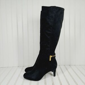 BCBGeneration Black Faux Suede Gold Detail Zipper Almond Toe Heeled Boots F486